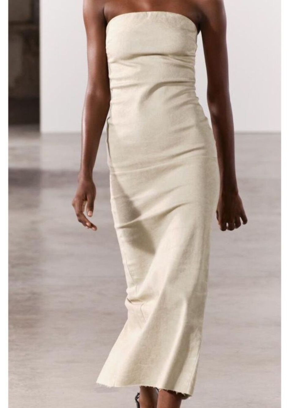 Zara Denim Strapless Midi Dress Taupe